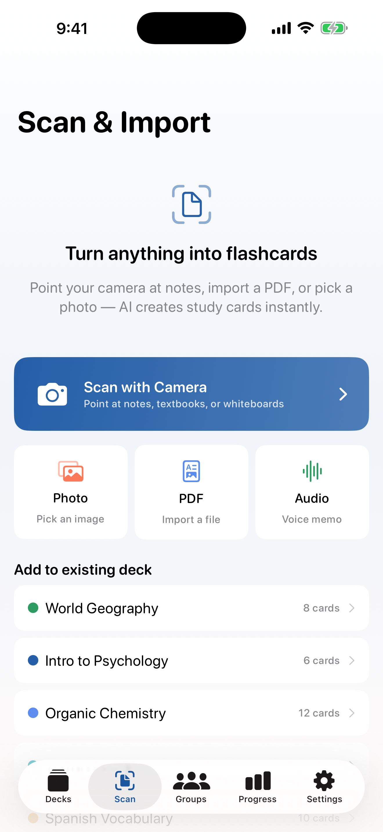 StudyDeck scan and import screen